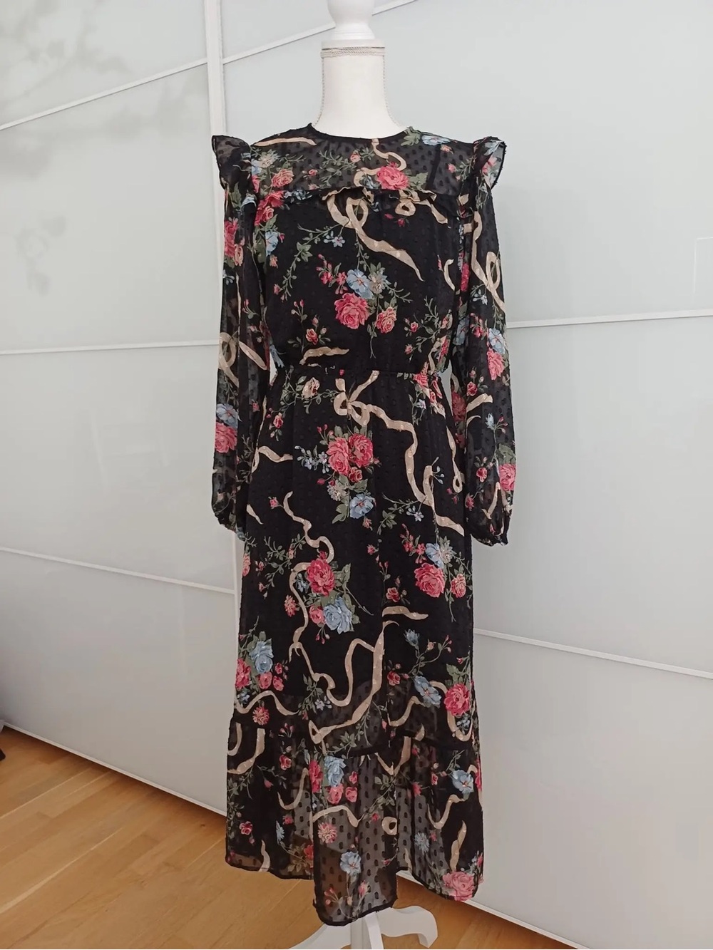 H&M Black Long-Sleeve Floral Dress with Pink and Blue Roses